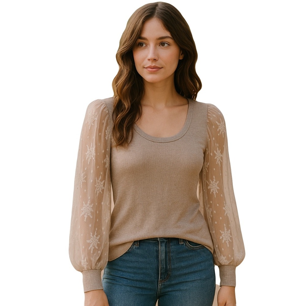 Magnolia Ribbed Knit Top Sheer Floral Lace Embroidered‎ Bishop Sleeves Medium